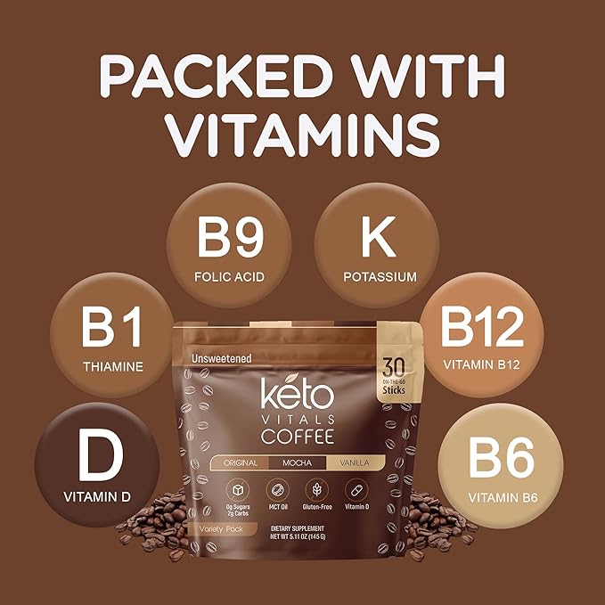 Keto Vitals Instant Keto Coffee Powder with MCT Oil &amp Vitamins - Low-Calorie Unsweetened Instant Coffee Packets Single Serve - Keto Coffee Instant Mix in Original Vanilla &amp Mocha Flavors -