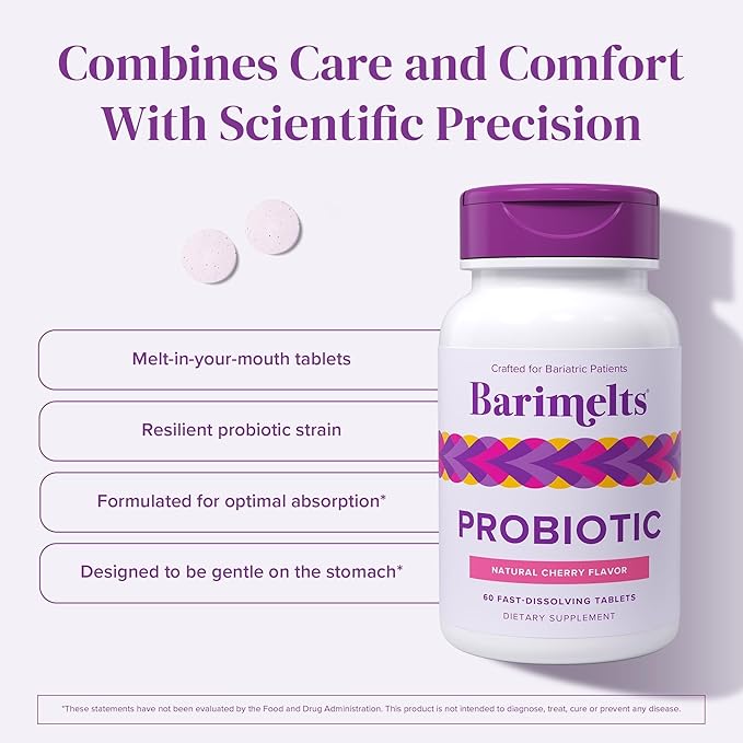 Barimelts Probiotic 5 Billion CFU - 60 Fast-Dissolving Tablets (2-Month Supply) - Sugar-Free Probiotics for Women Support Gut Health After Bariatric Surgery Natural Cherry Flavor