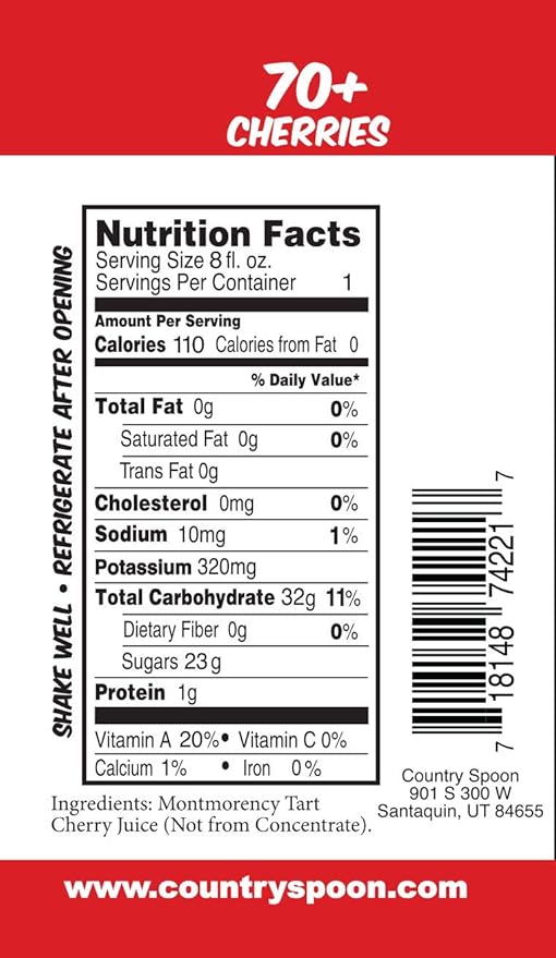 Country Spoon 100% Tart Cherry Juice (70+ Tart Cherries Per 8 oz) 12 Pack | Not from Concentrate Single Ingredient Drink Melatonin Rich Healthy Fruit Drink (Cherry)