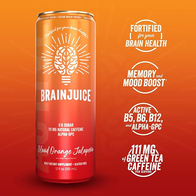 Brainjuice Brain Health Support Drink for Energy &amp Focus Vitamin C B5 B6 &amp B12 L Theanine Alpha GPC CoQ10 &amp Green Tea Caffeine Gluten Free Vegan Blood Orange Jalapeno 12 Oz Can