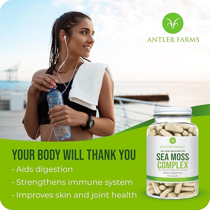 Antler Farms – 100% Pure Sea Moss Complex 130 Capsules Wildcrafted Irish Sea Moss Bladderwrack and Burdock Root – A Potent Blend for Wellness Vegan-Friendly Gluten Soy and Dairy Free