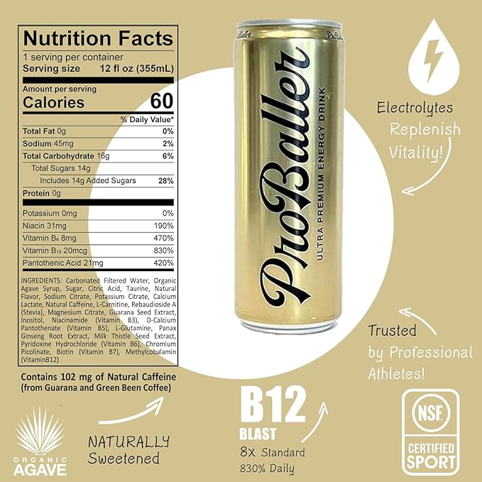 ProBaller Clean Energy Drink - Athlete-Grade Energy for Focus &amp Performance Naturally Sweetened with Agave NSF Certified for Sport Natural Caffeine Biotin Electrolytes Amino Acids &amp B Vi