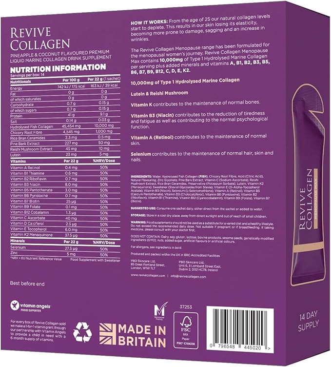 Revive Collagen Menopause Max — Hydrolyzed Marine Collagen Drink for Women 10000MG Lutein Reishi Mushroom Vitamin B6 B12 C &amp D for Skin &amp Eye Health Pineapple &amp Coconut Flavour —