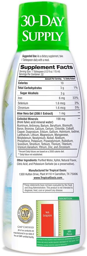 Tropical Oasis - Premium Ionized Plant Based Trace Minerals Liquid Formula- 74 essential minerals in liquid form for up to 96% Absorption - 16 oz 32 servings