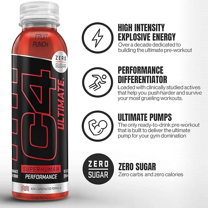C4 Ultimate Non-Carbonated Zero Sugar Energy Drink Pre Workout Drink + Beta Alanine 12 Fl Oz (Pack of 24)