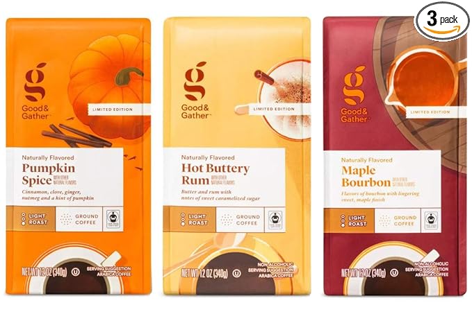 Good &amp Gather Fall Seasonal Ground Coffee Variety Pack - Pumpkin Spice Hot Buttery Rum Maple Bourbon - Pack of 3 Bags - 12 oz Per Bag - Limited Edition Seasonal Coffee