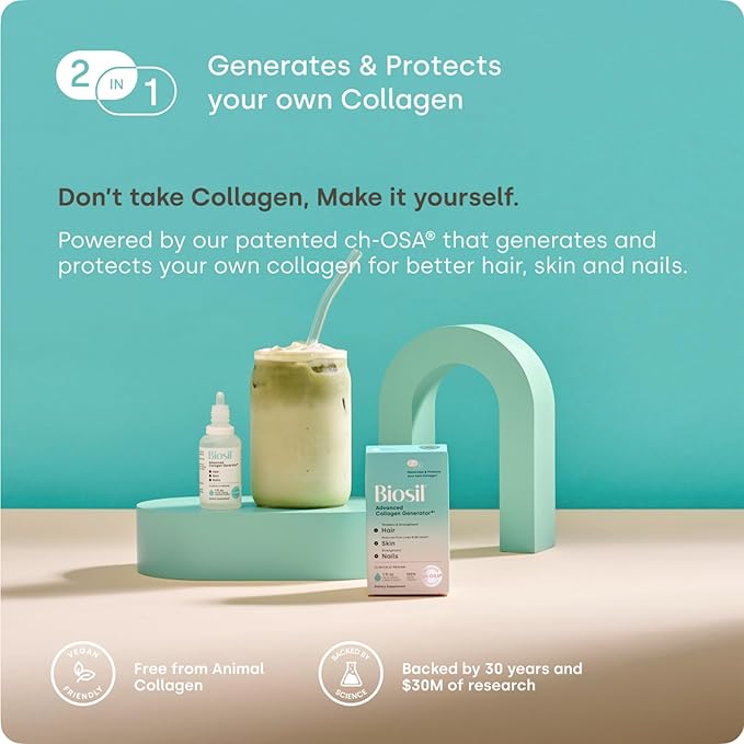 Biosil Collagen Booster Supplement - 1 fl oz Drops Pack of 2 - Patented ch-OSA Activator for Skin Hair Nails &amp Joints - Supports Natural Production - 120-Day Supply