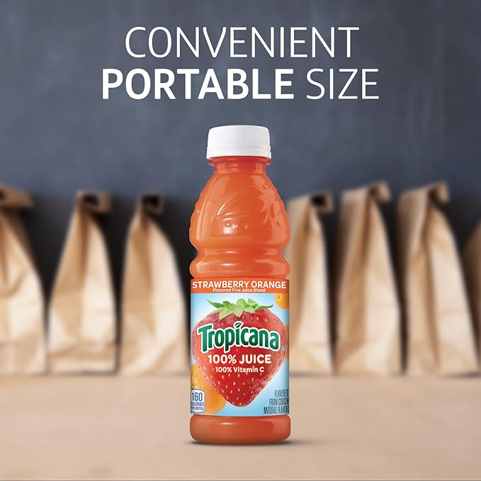 Tropicana 100% Strawberry Orange Juice Single Serve 10 Fl Oz Bottles (Pack of 15) - Real Fruit Juice Vitamin C B &amp E Rich No Added Sugars No Artificial Flavors