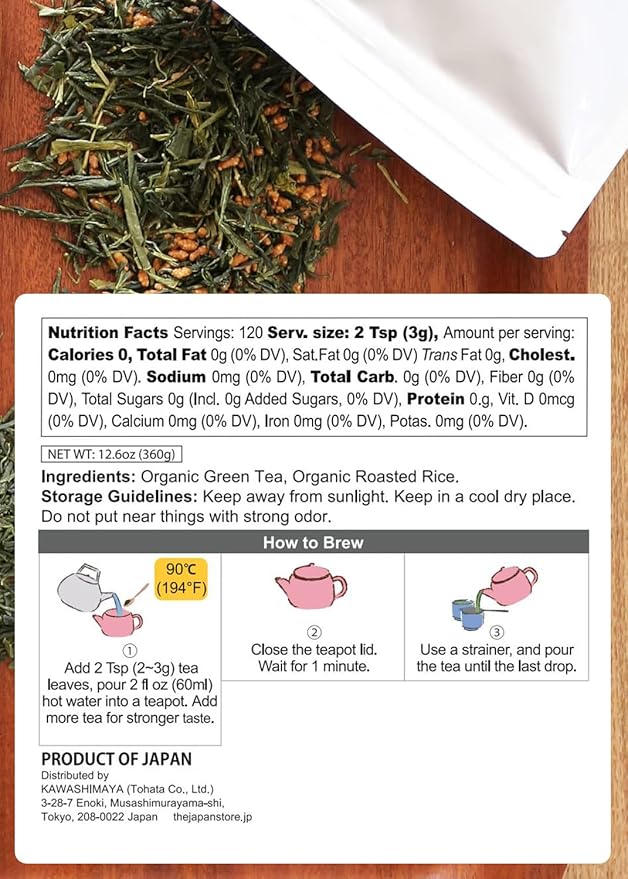 Kawashimaya Organic Genmaicha 12.69 oz (360g) - Japanese Green Tea with Roasted Brown Rice Loose Leaf Made in Japan