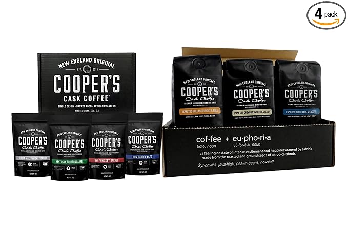 Espresso Coffee Box Set (Brazilian Kenya Ethiopian Profile For Espresso) 3 Bags Ground Coffee 24oz and Bourbon &amp Whiskey Barrel Aged Coffee - Ground - 4 Bag Coffee Set 16oz
