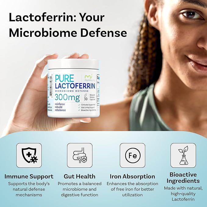 Pure Lactoferrin Microbiome Defense - 300mg Delayed Release Capsules Non-GMO Iron Absorption &amp Immune System Support Lactoferrin Supplements for Adults Gluten-Free (30 Capsules)