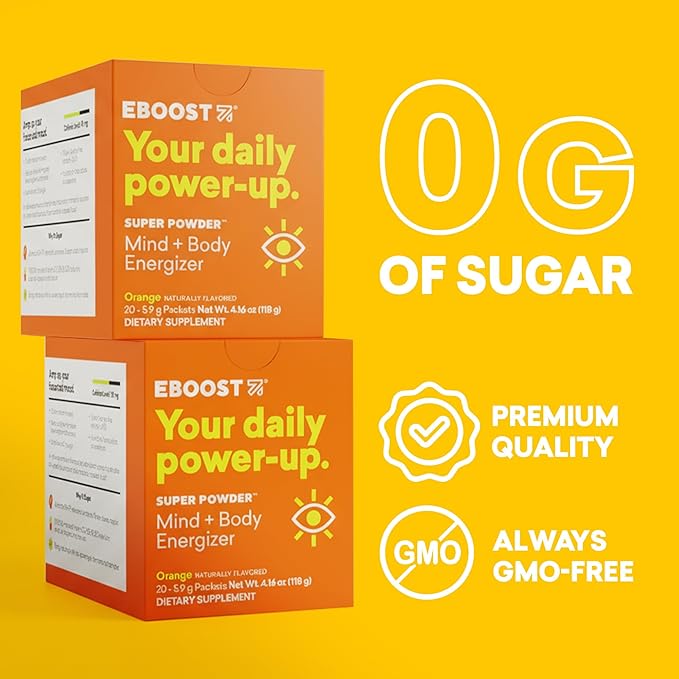 EBOOST Super Powder Drink Mix - Orange 0.2 oz 20 Pack Hydration Energizer Electrolytes Powder - 13 Vitamins &amp Minerals - 110 mg Caffeine - 0 Added Sugar - No Artificial Flavors or Sweeteners