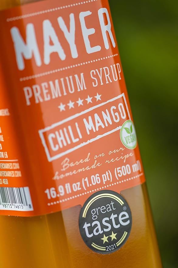 Mayer Premium Chili Mango Syrup – Award-Winning Organic Fruit Syrup Crafted with 100% Real Fruits All Natural Vegan Gluten-Free – Ideal for Cocktails Coffee Desserts Cocktails (16.9 oz)