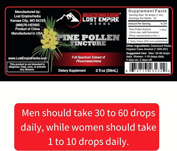 Lost Empire Herbs Pine Pollen Tincture Pine Pollen Liquid Extract for Testosterone - Alcohol Tincture is Superior for Better Absorption 3rd Party Lab Tested (2 Ounce)