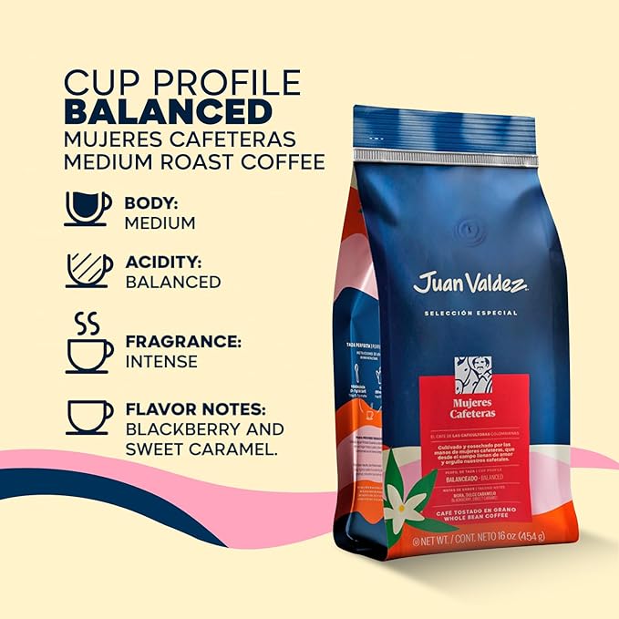 Juan Valdez Mujeres Cafeteras Whole Bean Coffee - Medium Roast Coffee Beans | 100% Colombian Coffee | 16 oz / 454 gr | A balanced coffee with flashes of sweet vanilla cherry blackberry and caramel n