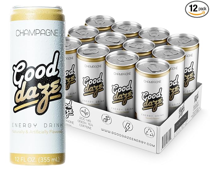 Good Daze Energy Drink with 200mg of Caffeine from Tea Sugar Free B Vitamins L-Theanine Pre Workout Performance with Antioxidants Champagne 12FL OZ Cans (Pack of 12)