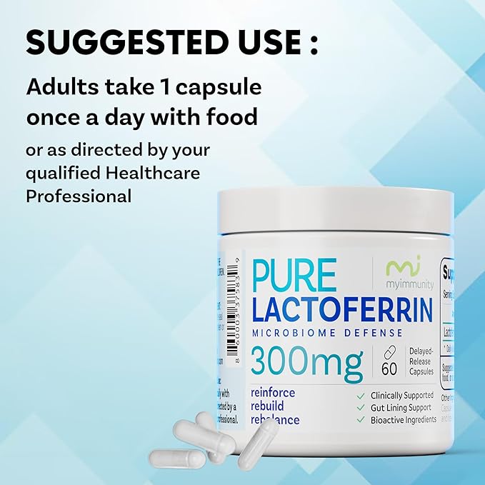 Pure Lactoferrin Microbiome Defense - 300mg Delayed Release Capsules Non-GMO Iron Absorption &amp Immune System Support Lactoferrin Supplements for Adults Gluten-Free (60 Capsules)