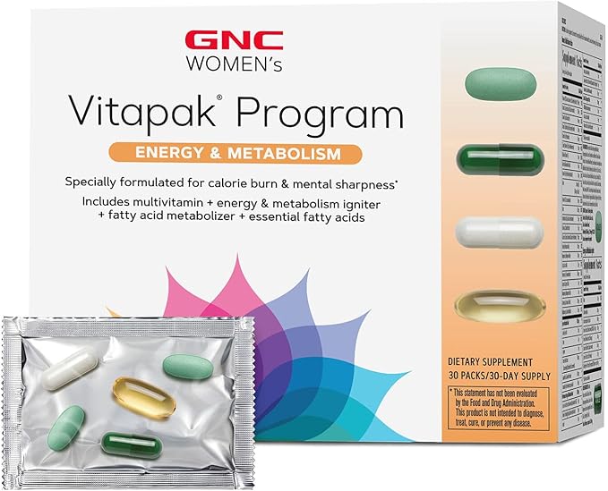 GNC Women’s Energy and Metabolism Vitapak Program Convenient Complete Nutrition 4 Products in 1 Packet Calorie Burn Mental Sharpness 200mg Caffeine with Proven Ingredients Omega 3s 30 svgs