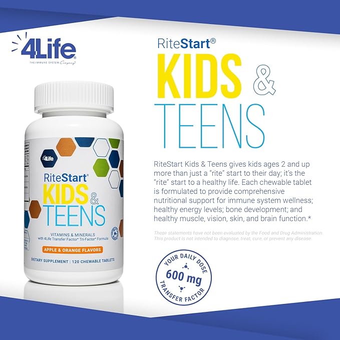 4Life RiteStart Kids and Teens- Apple Orange Flavors 22 Essential Vitamins Minerals Immune System and Brain Support Ages 2+ - 120 Chewable Tablets