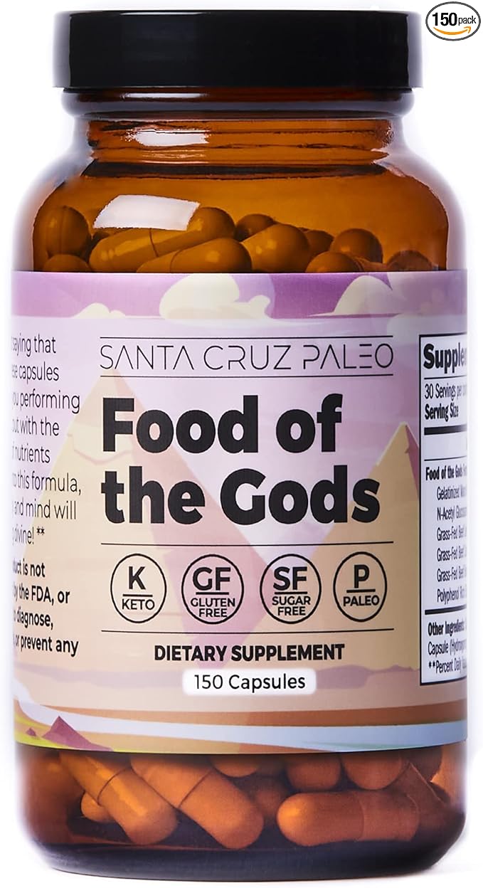 Santa Cruz Paleo Food of The Gods Grass Fed Beef Organ Supplement for Men and Women with Collagen Maca Root Colostrum Bone Broth Iron Vitamin B12 Gluten Free Keto Friendly 30 Servings