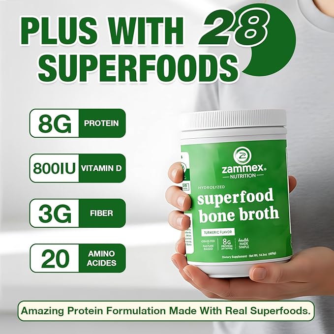 Zammex Bone Broth Plus Superfood Protein Powder (Turmeric Flavor) 8g Hydrolyzed Protein with Vitamin D for Healthy Skin Nails Hair Joints &amp DigestionNon-GMO (30 Servings)