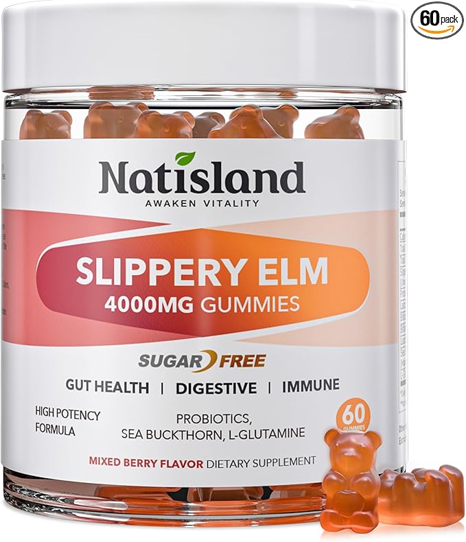 Slippery Elm for Women Gummies Organic Slippery Elm Bark Extract with Probiotics Sea Buckthorn L-Glutamine for Gut &amp Digestive Health Throat &amp Respiratory Support Sugar Free Vegan 60 Gu