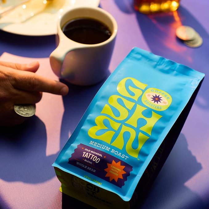 Goshen Coffee Roasters Ground Old School Tattoo House Blend | Medium Roast Brewed or Espresso | Award-Winning Natural and Washed | Caramel Nutty Orange Flavors | 5 lb Bag
