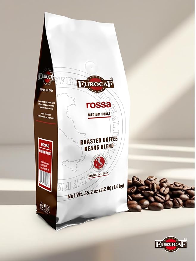 Eurocaf Miscela Rossa Whole Bean Coffee Medium Roast 2.2 Ib Original Italian Coffee (Pack of 1)