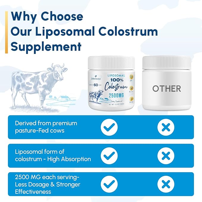 Liposomal Bovine Colostrum Powder Supplement 2500 mg Higher Absorption Than Regular Bovine Colostrum (60 Servings)