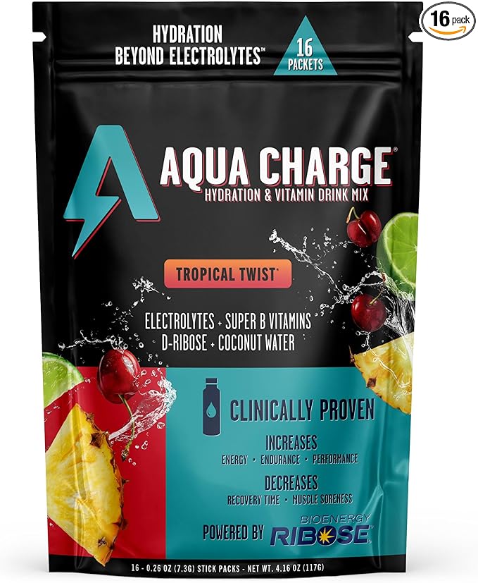 Grab The Gold Aqua Charge Electrolytes Drink Mix | Naturally Flavored Sugar-Free Hydration Drinks with B Vitamins | Vegan Gluten-Free Non-GMO | Tropical Twist - 16 Packs Made in USA