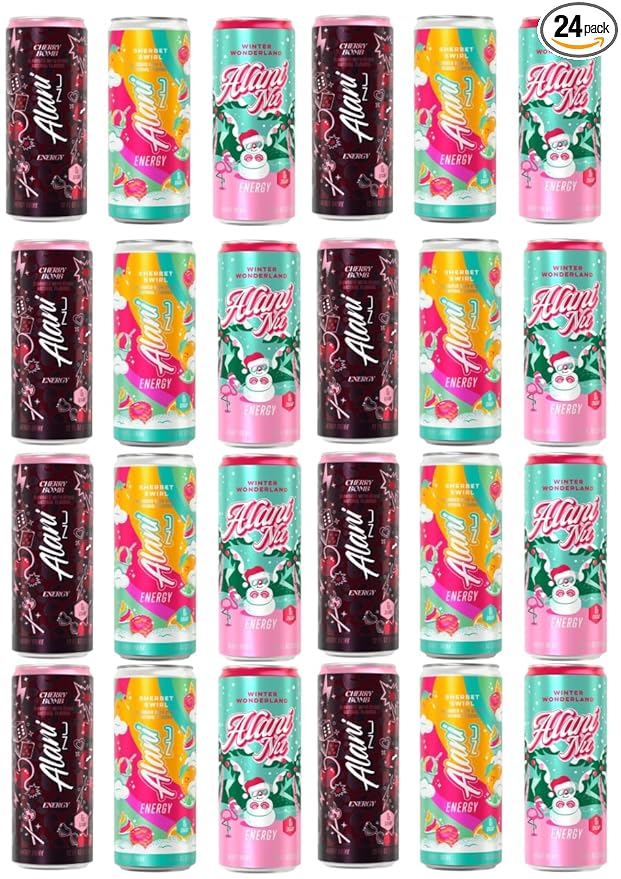 Alani energy drink Cherry Bomb Winter Wonderland &amp Sherbet Swirl variety pack 24 cans - Sugar Free Low Calorie Energy Drinks - Pre Workout Performance Zero Sugar 12 Fl Oz Cans