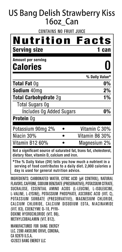Bang Energy Delish Strawberry Kiss Sugar-Free Energy Drink 16 Fl Oz | Pack of 12