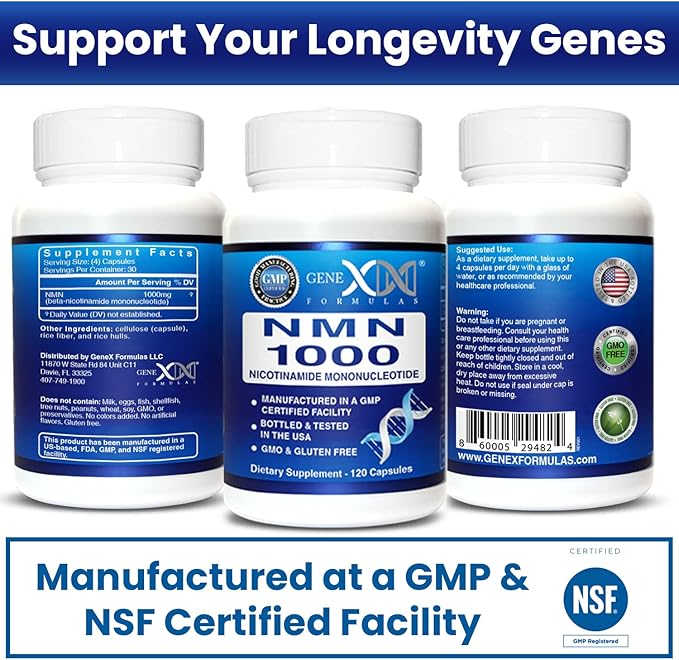 Genex Formulas NMN 1000mg - 99% Pure Shelf Stabilized Supplement Capsules for Increased NAD Levels &amp Healthy Aging GMP Certified 1000mg per Serving 120 Capsules