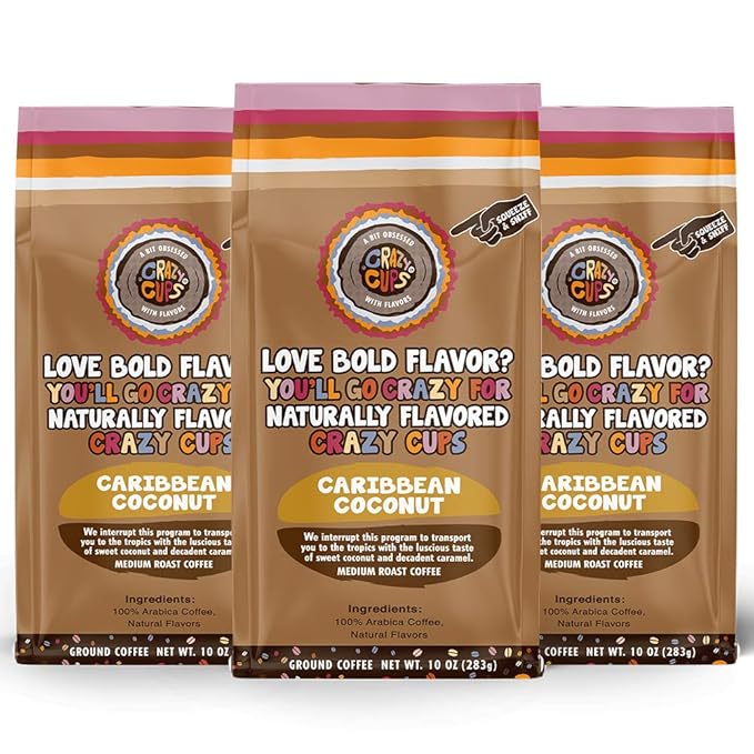 Crazy Cups Flavored Ground Coffee Caribbean Coconut in 10 oz Bags For Brewing Flavored Hot or Iced Coffee 3 Pack