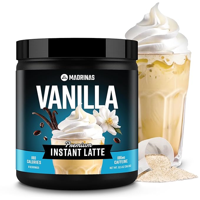 Premium All-Natural Vanilla Flavored Instant Coffee Cold Brew Latte Mix - 8 Servings - High Caffeine Rich &amp Flavorful Gluten-Free Convenient | MADRINAS