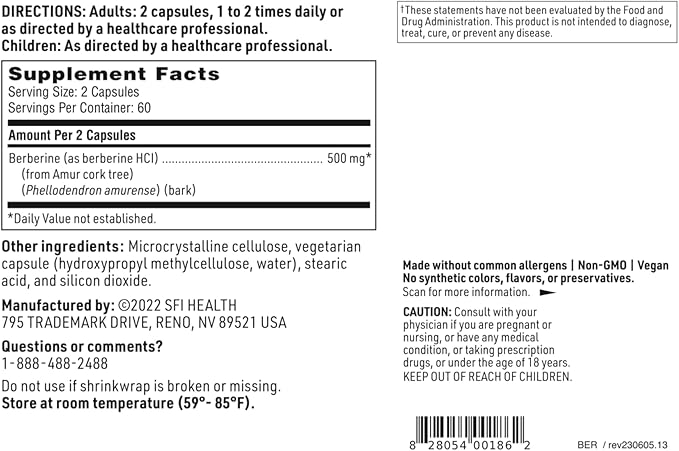 Klaire Labs SFI Health Berberine HCI 500mg - Berberine Supplement - Gluten-Free Hypoallergenic (120 Capsules)