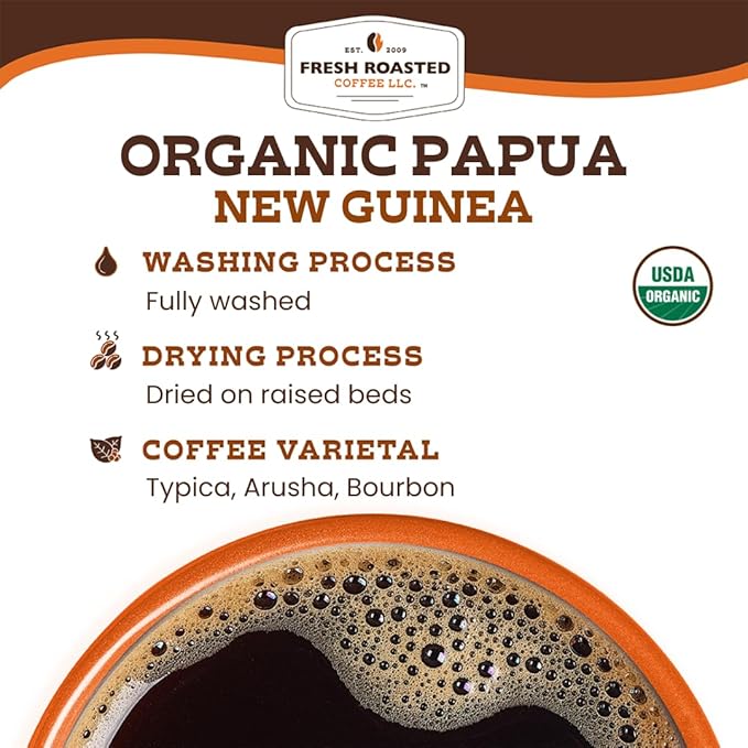 Fresh Roasted Coffee Organic Papua New Guinea | USDA Organic 100% Single Origin Kosher | Medium Roast 2 lb (32 oz) Whole Bean