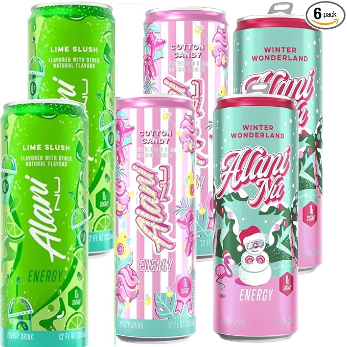 New Alani Energy Drinks Cotton Candy Lime Slush Winter Wonderland Variety Pack Sugar-Free Low-Calorie 200mg Caffeine Energy Boost Drink 12 fl oz (Pack of 6) (Packaging May Vary)