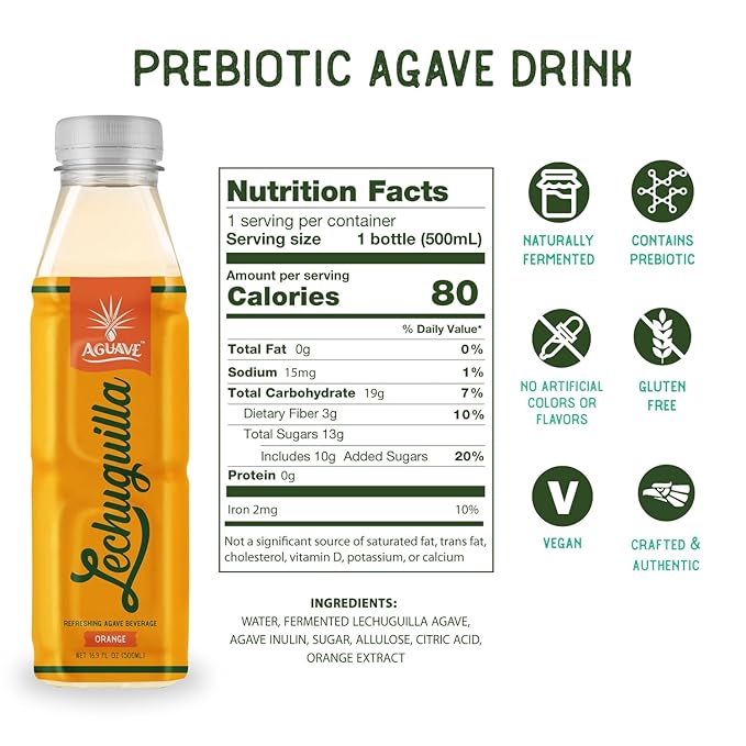 AGUAVE Orange-Lechuguilla Prebiotic Agave Drink 16.9Fl Oz | Nonalcoholic Fermented Agave | Low Sugar | Traditional Mexican Street Beverage (6 Pack Orange-Agave)