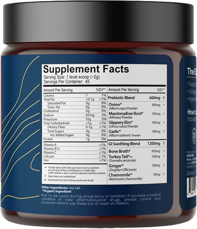 One Farm Superfood Powder Gut Health Organic Gut Soothing Blend and Prebiotic Blend Non-GMO Prebiotics with Bone Broth Turkey Tail Mushroom Slippery Elm and Marshmallow Root for GI Health