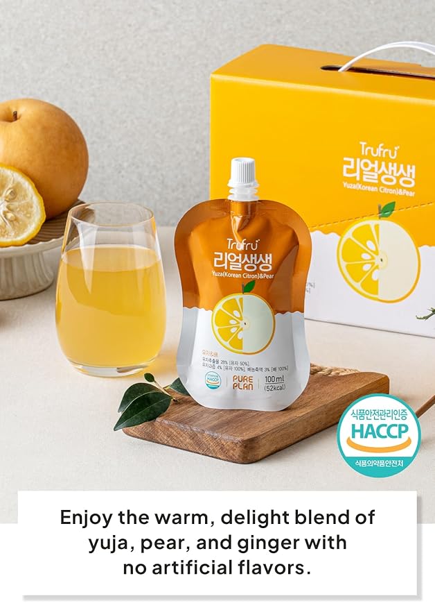 Korean Food Trufru Real Yuzu Pear Ginger Essence - All-Natural Cold Pressed Vitality Shot Morning Recovery 15 Individual Mini Packs (17.8 oz Total)