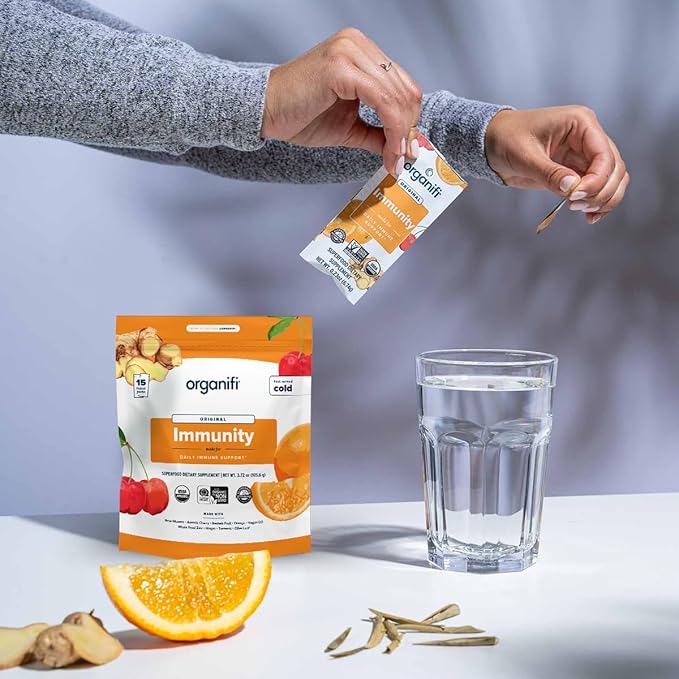 Organifi Immunity - Organic Superfood Immunity Support - 15 Single Serve Packets - Immunity Powder for T Cell Production and Upper Respiratory Health - Mushroom Beta Glucans Vitamin C D and Zinc