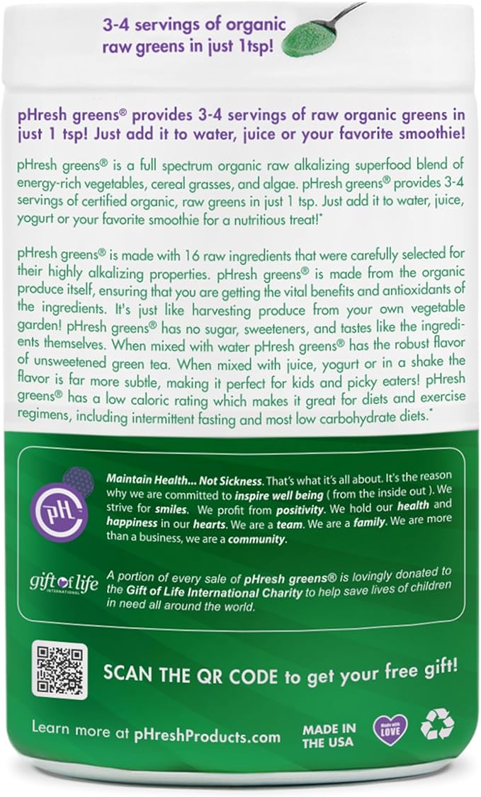 pHresh - Greens Raw Alkalizing Superfood Greens Powder - 2 Month Supply - Vegan Kosher Gluten Free - Natural Enzymes Nutrients - Approved for Intermittent Fasting - 10 oz