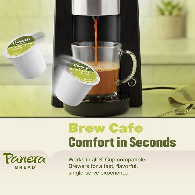 Panera Cafe Blend Decaf Coffee Pods Medium Roast Cups - 100% Arabica Smooth &amp Balanced with Caramel Notes Sustainably Sourced No Bitterness 60 Single Serve Pods (6 Packs of 10)