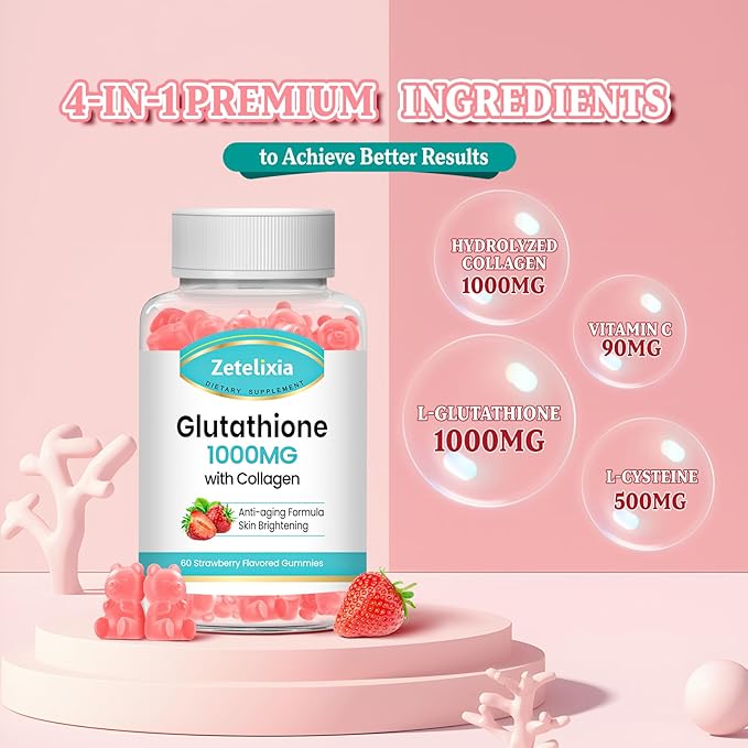 2 Pack Glutathione Collagen Gummies Collagen Gummies with Vitamin C Glutathione Supplement for Women Hair Skin Nails Muscle &amp Joint Anti-Aging Vegan Sugar Free Strawberry Flavor 120 Count