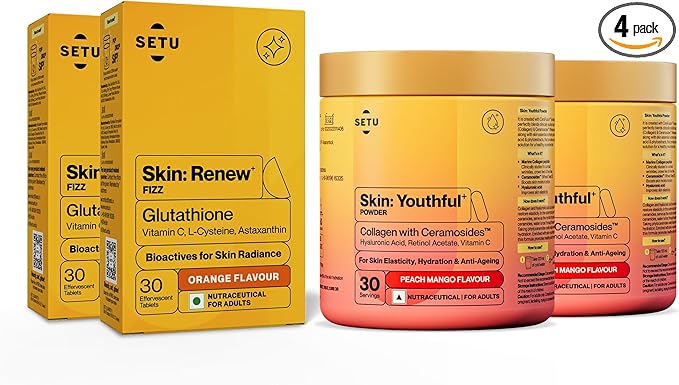 SETU Radiant Skin: Combo Contains 8g Marine Collagen + Ceramosides &amp 8-in-1 Glutathione Fizzy Tabs | Supports Radiant Healthy Skin | for Men &amp Women