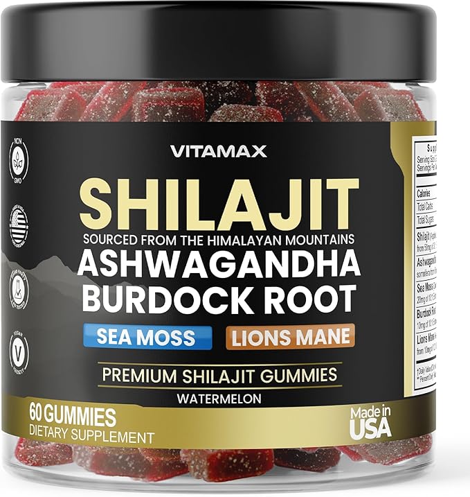 Organic Shilajit Gummies Sea Moss Ashwagandha 105+ Trace Minerals – Organic Burdock Root &amp Lions Mane Mushroom – Watermelon Flavor - Vegan &amp Non-GMO – Made in USA – 60ct