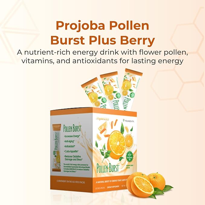 Youngevity ProJoba Pollen Burst™ - Clean Natural Energy Supplement w/Green Tea Pollen Extract GliSODin® - Increase Focus Brain Boost Endurance Mental Clarity (30 Sticks)