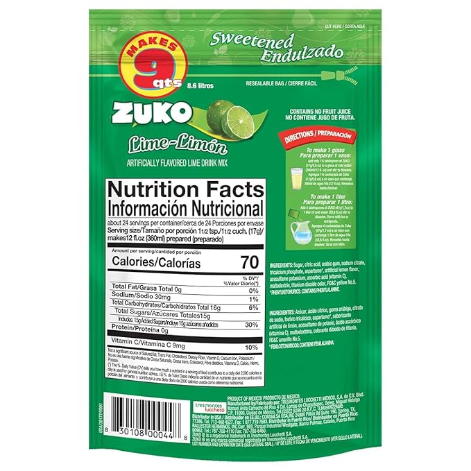 ZUKO Lime Instant Powder Drink Family Pack No Sugar Needed Vitamin C 14.1 Oz (Pack of 6)