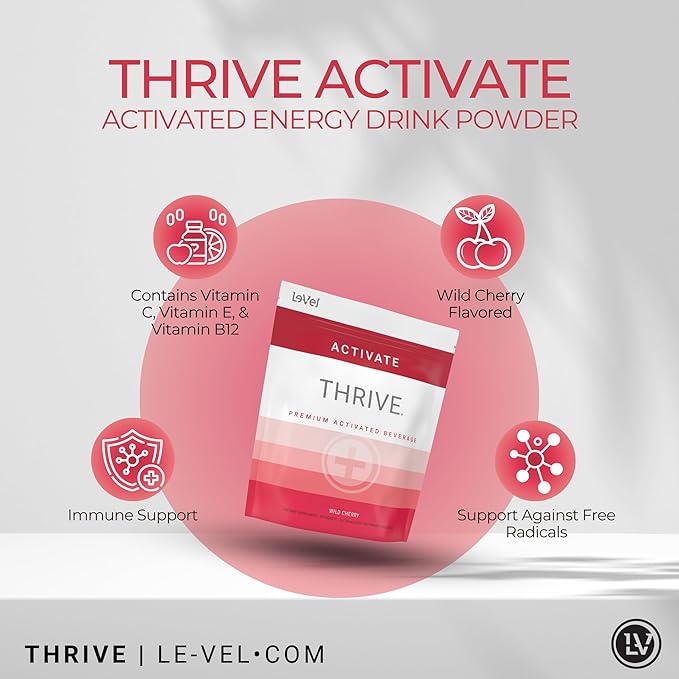 Thrive Activate - Focus &amp Energy Drink Powder Mix with Real Flavor 30 Packets- Enhanced Energy Performance Vitamin C Vitamin E B12 for Mental Clarity (30 Packet Wild Cherry)
